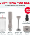 No Cord Hassle Cordless Immersion Blender Featuring Drop Proof Stainless Steel Blades And Spacious 24 Oz Mixing Cup for easy meal prep components.