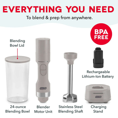 No Cord Hassle Cordless Immersion Blender Featuring Drop Proof Stainless Steel Blades And Spacious 24 Oz Mixing Cup for easy meal prep components.