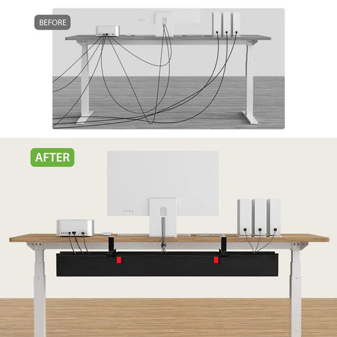 Huge 48 Inch Under Desk Cable Management Tray With Clamp Or Screw Mount No Drill Setup Holds Up To 70 Lbs Fabric Wire Organizer in use