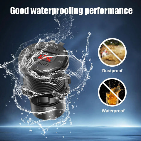 2 Pack 12V USB Outlet Car Charger Socket Pumping Out 78W Dual PD Type C And Dual Quick Charge 3.0 Juice with water splashes