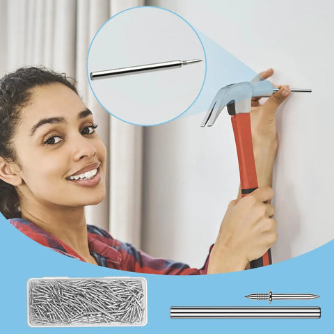 Person using a hammer with a double headed skirting nail in a wall, featuring 250 Pack Double Headed Skirting Nails Made Of Premium Carbon Steel.