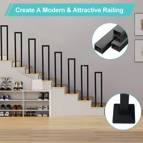 Tough As Nails Vertical U Shaped Stair Handrail With Slick Matte Black Finish Forged From Heavy Duty Square Iron Built To Last For Indoor Outdoor Porch Deck on modern staircase.