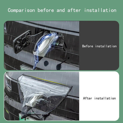 Comparison of Heavy Duty EV Charger Port Cover For Any Electric Car showing weather protection before and after installation.
