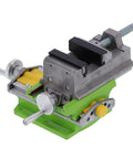Built Like A Tank Heavy Duty 3 Inch Drill Press Vise Cross Slide For Precision Milling Solid Aluminum Base with green accents.