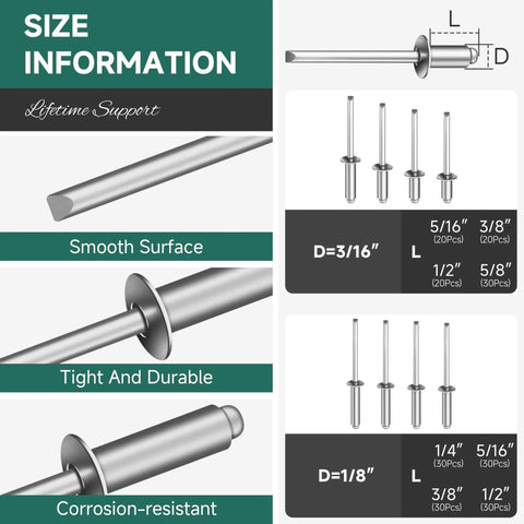 210 Piece Blind Rivet Kit Eight Sizes 1 Eighth And 3 Sixteenths Inch With Aluminum Grip And Steel Mandrel heavy duty pro grade