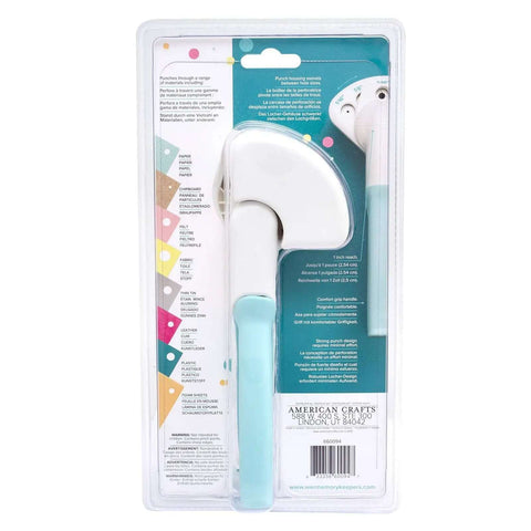 Back view of Multi Size Hole Punch For Leather, Paper, Fabric And More Rotates Through Five Hole Sizes in packaging, showing tool details.