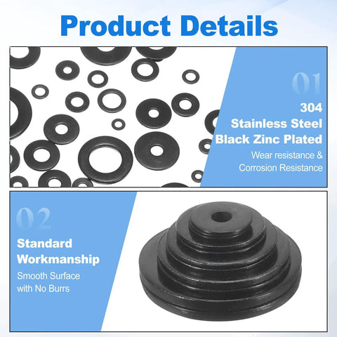 75 Pieces M8 Flat Washers 304 Stainless Steel Black Finish Inner Diameter 8mm Outer Diameter 14mm Thickness 1mm Round Metal Washers For Screws And Bolts Outdoor Construction Rust And Corrosion Resistant, assorted black washers and stacked close-up