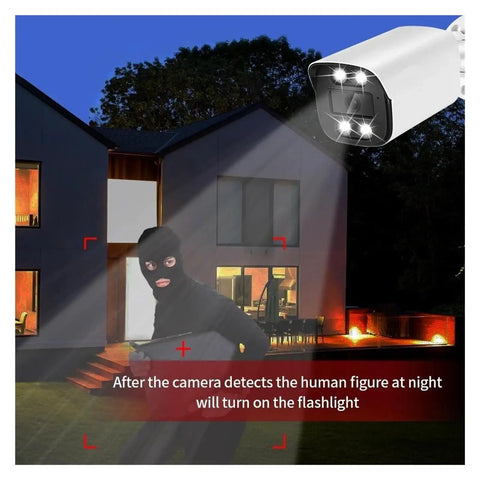 Kickass Outdoor POE IP Security Camera With 8MP 4K Resolution detecting a humanoid at night with built-in flashlight in action.