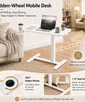 Mobile Rolling Desk Featuring Hidden Wheels And Smooth Pneumatic Height Adjustment Portable Laptop Stand For Home Office Or Bedside Setup Lightweight White Surface with concealed casters.