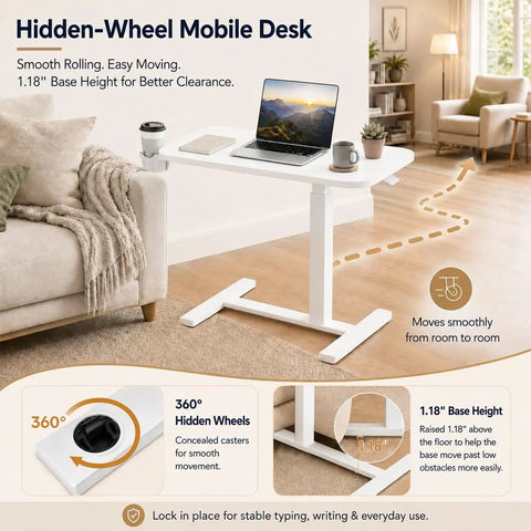 Mobile Rolling Desk Featuring Hidden Wheels And Smooth Pneumatic Height Adjustment Portable Laptop Stand For Home Office Or Bedside Setup Lightweight White Surface with concealed casters.