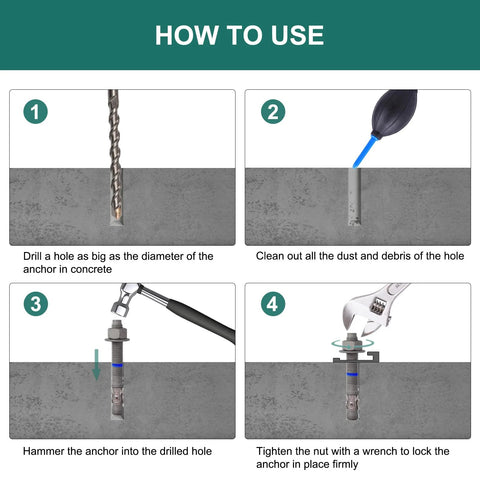 Step-by-step installation of Concrete Wedge Anchors One Half Inch By Five And One Half Inch Heavy Duty Ten Pack in concrete.
