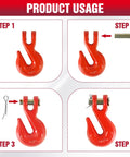 Four red 3/8-inch clevis grab hooks with steel pins for Grade 70 chain (4-pack)