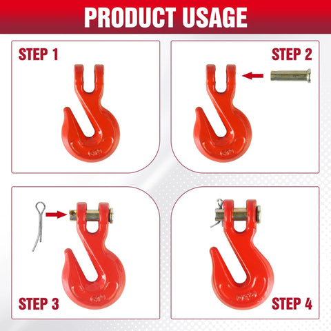Four red 3/8-inch clevis grab hooks with steel pins for Grade 70 chain (4-pack)