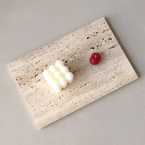 Beige Travertine Marble Slab Tray With Right Angle Surface Plate And Non Slip Mat For Home Decor, Dope Natural Stone With Irregular Holes