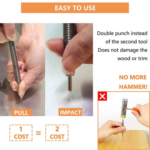 Heavy Duty Two Piece Spring Loaded Hammerless Center Punch Kit shown in use, highlighting easy pull and impact mechanism for precision.