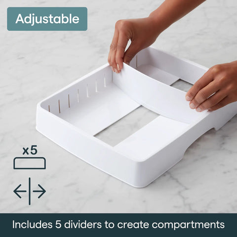 Big Kitchen Cabinet Lid Organizer With Five Adjustable Dividers showing ability to create compartments with dividers.