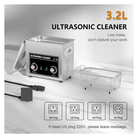 Heavy Duty 3 Liter Stainless Steel Ultrasonic Cleaner With 180 Watt Heating And Programmable Timer shown with basket and plugs