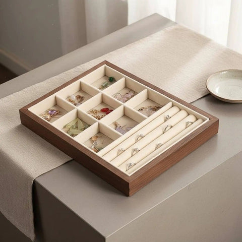 Slick Walnut Wood Jewelry Display Tray With Dope 24 Compartments For Rings Earrings Necklaces, neatly organized on a table.