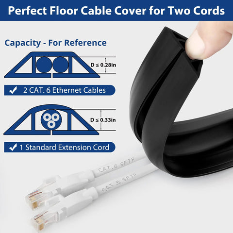 Low Profile Floor Cord Cover 4ft for Extension Cords and Cables keeps 1 to 2 wires hidden, shown with Ethernet cables and diagram.
