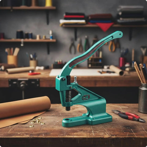 Heavy Duty Cast Iron Manual Press Machine Featuring Smooth Spring Return Arbor Press for Riveting Eyelets and Grommets, green design with adjustable frame.