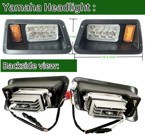 Golf Cart LED Headlight and Tail Light Kit for G14 G16 G19 G22 With Front and Rear LED Lights Plug and Play Upgrade Includes Switch and Quick Install Harness, showing front and back views of 10.2-inch headlight with wiring.
