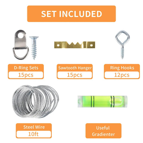 All In One 276 Piece Picture Hanging Kit with D-Rings, sawtooth hanger, ring hooks, steel wire, and gradienter included.