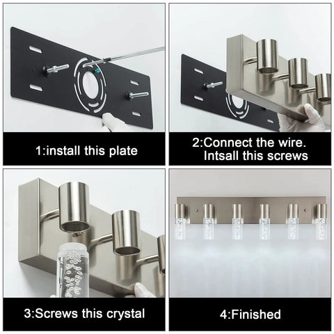 Installation steps for 6 Light Vanity Light Fixture For Bathroom Over Mirror With Bubble Shade, Modern Brushed Nickel Finish.