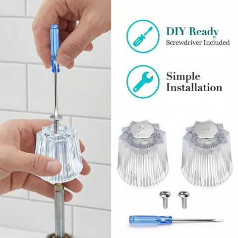 Two Pack Crystal Clear Acrylic Shower Knob Replacement Kit With Hot And Cold Buttons Universal Faucet Handle Repair Set Includes Screws And Driver For Easy Install On Bath And Shower Faucets with hand installing knob using screwdriver.