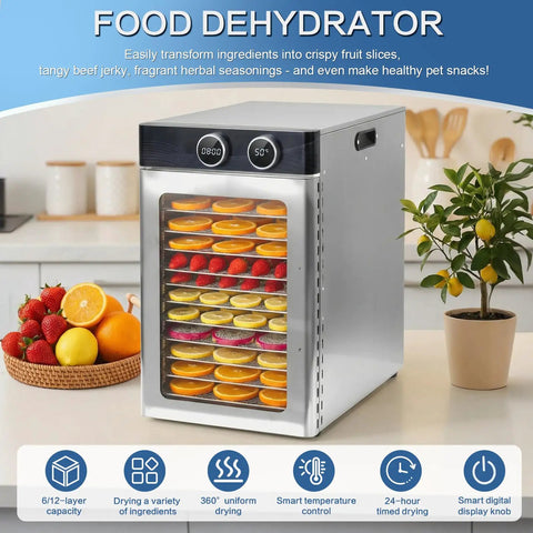Kick Your Snack Game With This Badass Electric Food Dehydrator Featuring Twelve Roomy Trays And A Mighty 1200 Watts Heating System For Spotlessly Even Drying On Trail Jerky Seasonal Fruit And Custom Dog Treats.