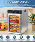 Big Time Electric Food Dehydrator With 12 Roomy Trays And 1200 Watts For Smooth Even Heating displaying fruits on trays.