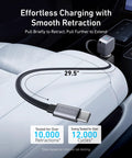 Retractable USB C Car Charger Delivers 75W Max Fast Charging with retractable 29.5" cable on car seat, highlighting durability