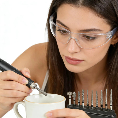 Woman using Pro Grade Diamond Coated Rotary Burr Set With 50-Piece Assorted Grinding Bits for fine detail work, 1.6 mm shank