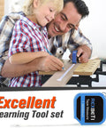 Father and son using a tape measure from Blue 18 Piece Kids Builder Tool Set With Real Hand Tools And Reinforced Tool Belt For Waist 20 To 32 Inches