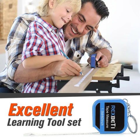 Father and son using a tape measure from Blue 18 Piece Kids Builder Tool Set With Real Hand Tools And Reinforced Tool Belt For Waist 20 To 32 Inches