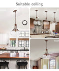 Rustic Farmhouse Industrial Round Ceiling Pendant Light with Clear Glass Shades in kitchen and dining room settings.