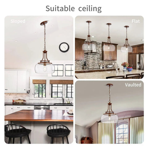Rustic Farmhouse Industrial Round Ceiling Pendant Light with Clear Glass Shades in kitchen and dining room settings.