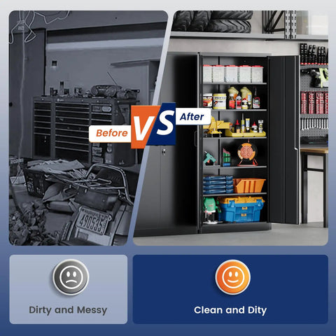 Before and after of messy garage vs organized Heavy Duty Metal Storage Cabinet With Two Doors And Five Adjustable Shelves 71 Inch Tall Steel Locking Cabinet For Home Office Garage Gym School Tough As Nails