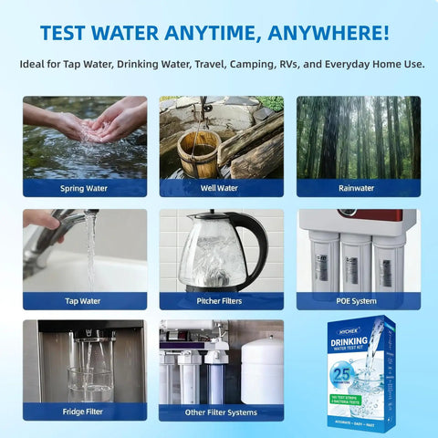 Hella Reliable Heavy Duty Home Drinking Water Test Kit 25 In 1 With 165 Quick Strips Plus Bonus Bacteria Checks for various water sources.