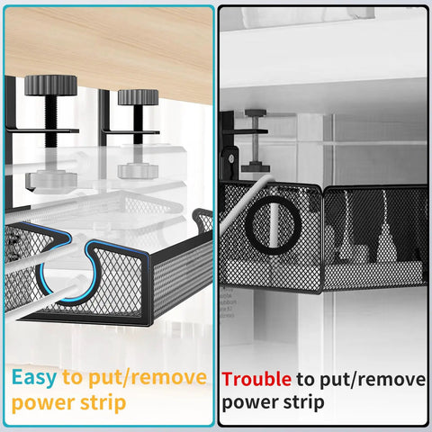 Comparison of no drill desk cable tray with clamp and traditional tray, showcasing easy hang cord management in black for office and home.