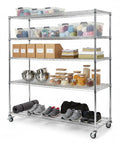 Super Sturdy Five Tier Wire Shelving Unit That Rolls Like A Dream With Heavy Duty Casters And Massive Load Rating Built Tough For Garage Organization Or Any Room Demanding No Nonsense Storage Solutions with bins, jars, and shoes.