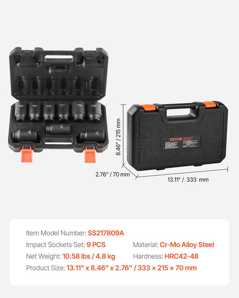 Half Inch Drive Impact Socket Set, Nine Piece Deep Metric Sockets 29mm Through 38mm, Six Point CrMo Steel Construction in storage case