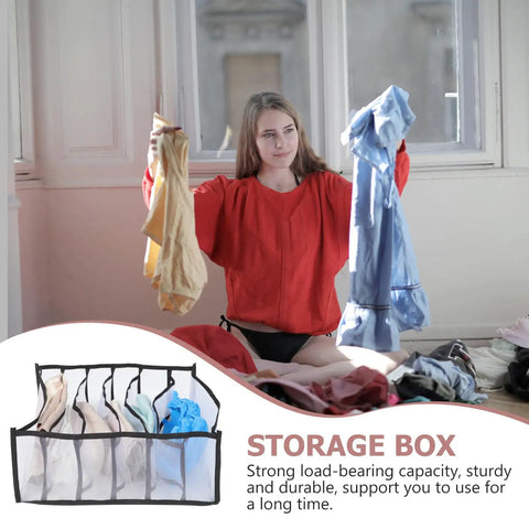 Three Pack Dope Underwear And Sock Storage Bins Made From Heavy Duty Nylon Grid Panels Delivers A Hella Neat Dresser Drawer And Closet Game Changer Setup with a woman organizing laundry.