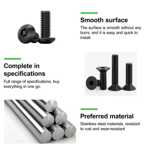 1652 Piece 410 Stainless Steel M3 M4 Screw Kit For 3D Printers And Mechanical Projects With Allen Head Flat Head Button Head Bolts Nuts Washers And Mini Tools Comprehensive Hardware Set, black screws and stainless rods