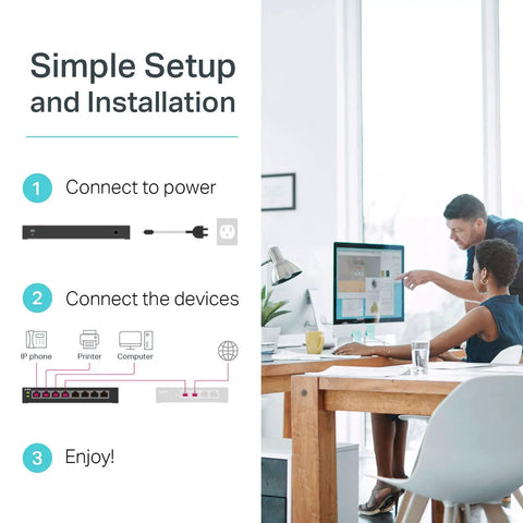 8 Port Gigabit PoE Switch With 153W Budget For Small Offices Plug And Play setup diagram showing desktop metal switch and office use