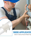 Installed PATIKIL 2-inch white PVC water pipe repair clamp on a plastic pipe (OD 50mm)