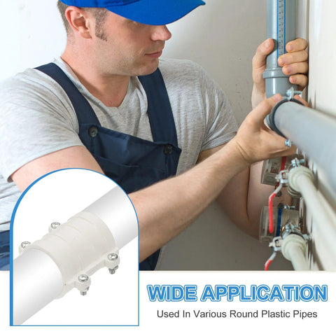 Installed PATIKIL 2-inch white PVC water pipe repair clamp on a plastic pipe (OD 50mm)