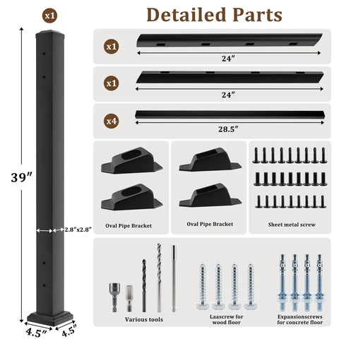 Modular Black Stainless Steel Stair Railing Kit 36 Inches High By 2 Feet Long With Snap Fit Design parts layout showing components and tools