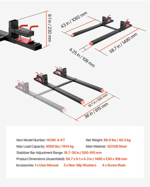 Diagram of Clamp On 60-Inch Total Length Pallet Forks For Tractors And Skid Steers, Heavy-Duty 4,000 Lb Capacity with dimensions.