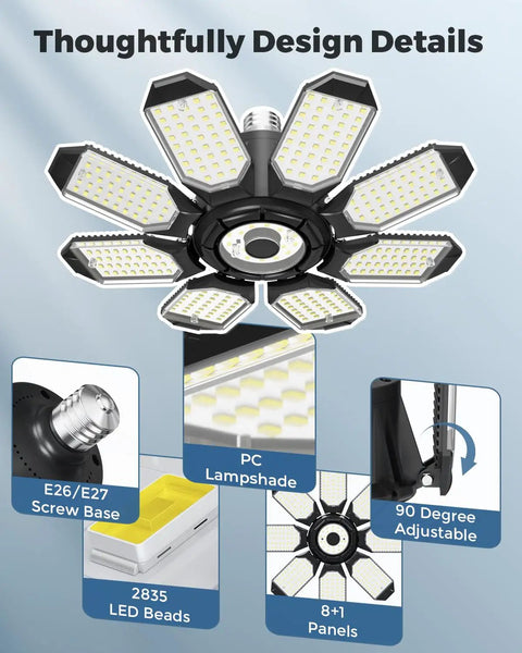 LED Garage Ceiling Light 2 Pack With 8 Plus 1 Adjustable Panels Ultra Bright 14000 Lumen Deformable Fixture