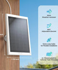 Close-up of mounted 2 Pack 6W Solar Charger For Battery Powered Cameras showing dimensions and features of the panel and cable.